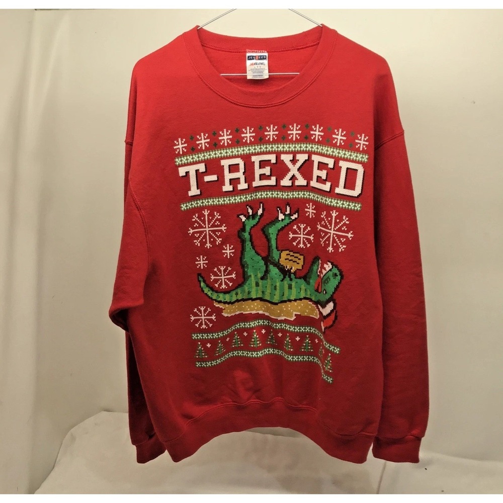 Christmas T Rex Sweatshirt Dinosaur Funny ugly sweater Beer Gift Red Vintage L